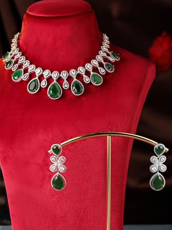 Green Floral Drop Shaped Emerald American Diamond Jewellery Set