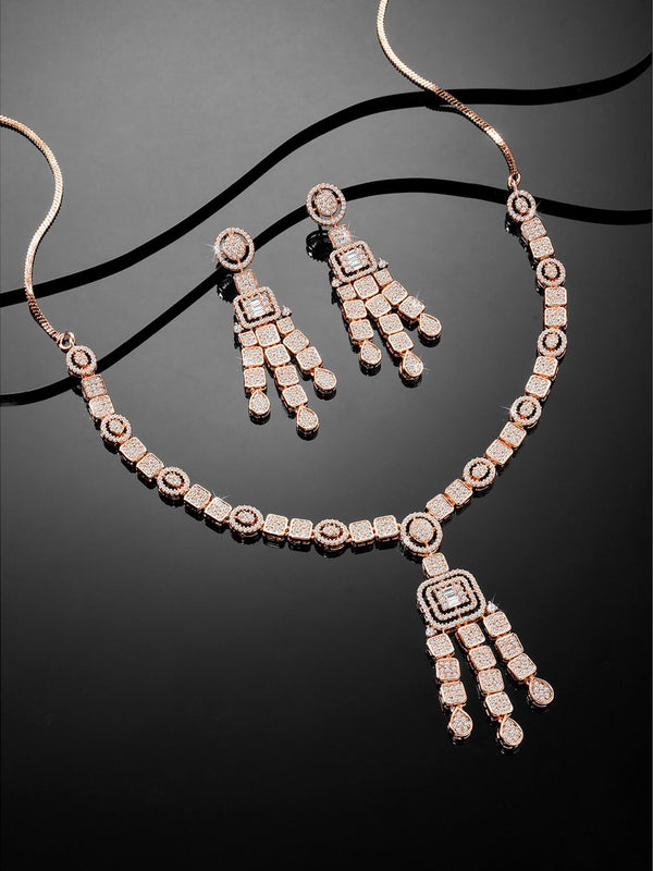 Rose Gold Plated Cz Studded Western Jewellery Set For Women