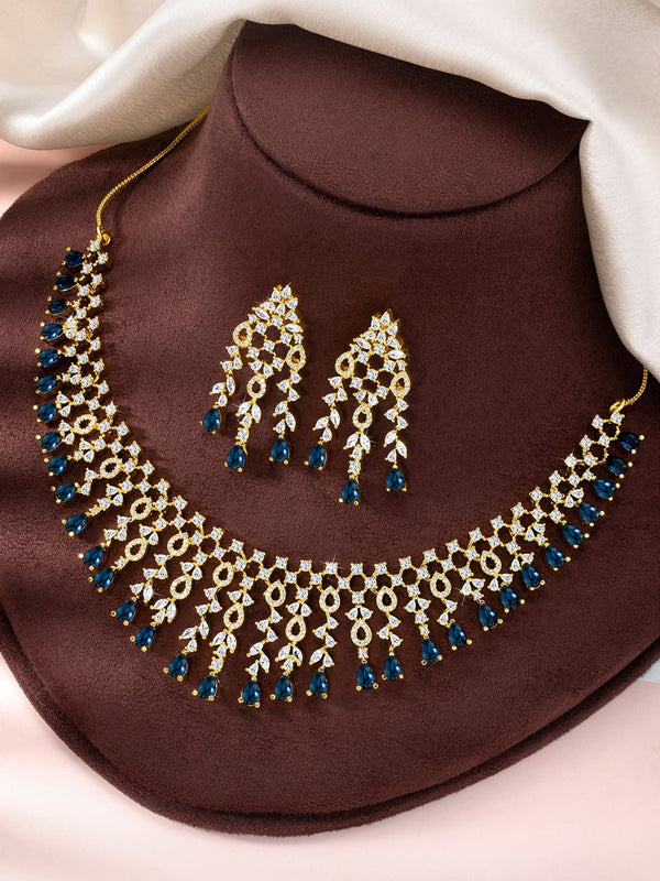 Gold Plated Cz & Blue Beads Studded Jewellery Set For Women