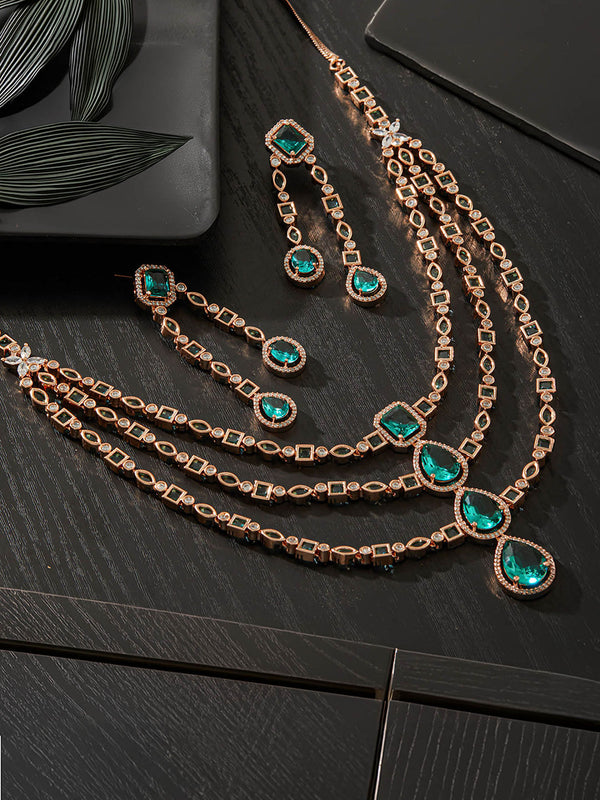 Rose Gold Plated Green American Diamond Studded and Beaded Layered Jewellery Set