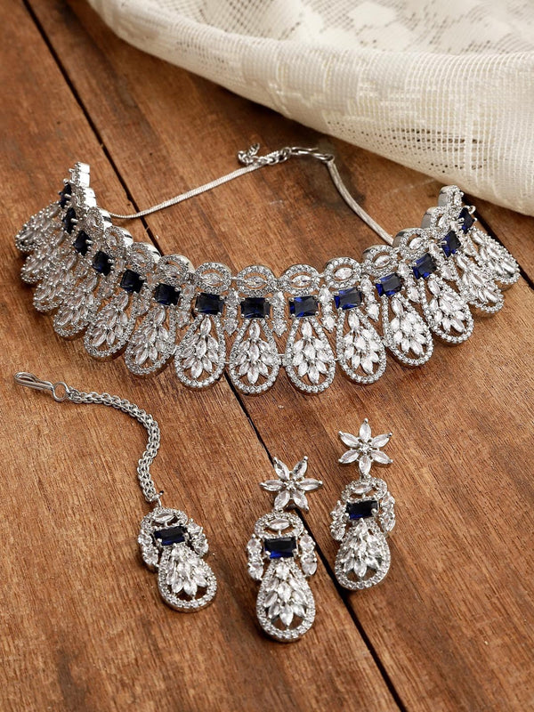 Silver-Plated & Blue American Diamond Studded Jewellery Set