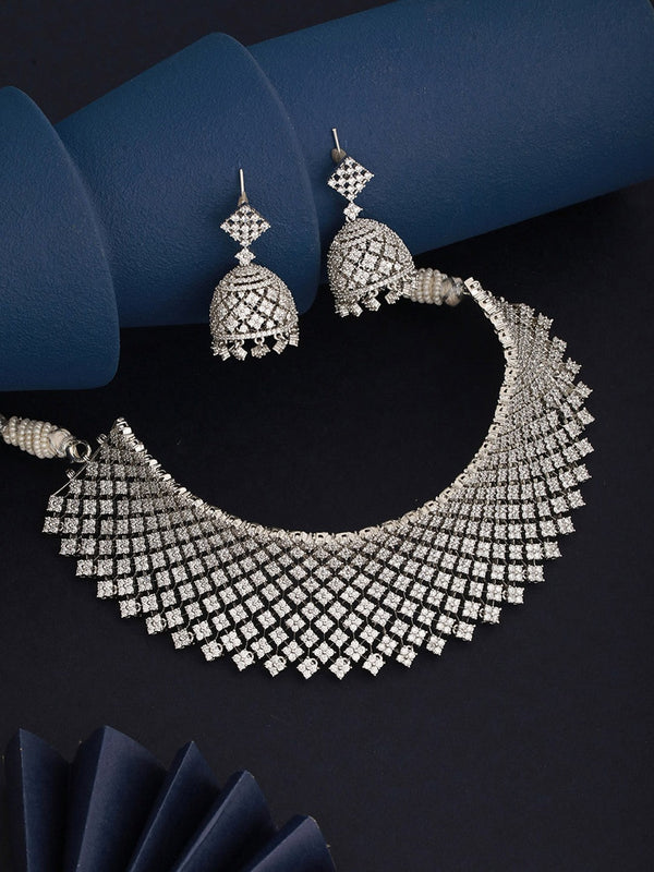 Silver-Plated White AD Choker Jewellery Set with Earrings