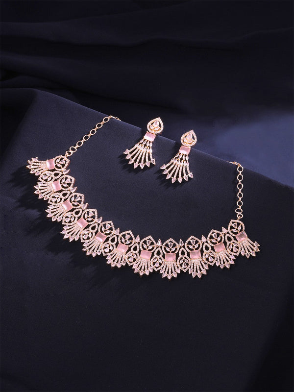 Women Rose Gold Plated American Diamond Studded Bridal Jewellery Set