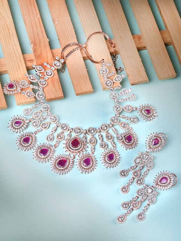 Rose Gold-Plated Pink & White AD-Studded Statement Jewellery Set