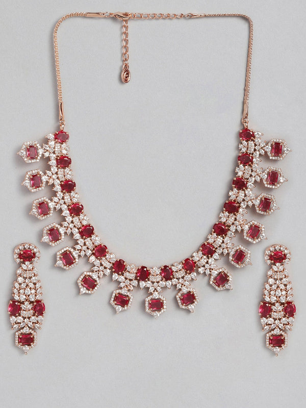Women Rose Gold-Plated CZ Studded Necklace with Earrings