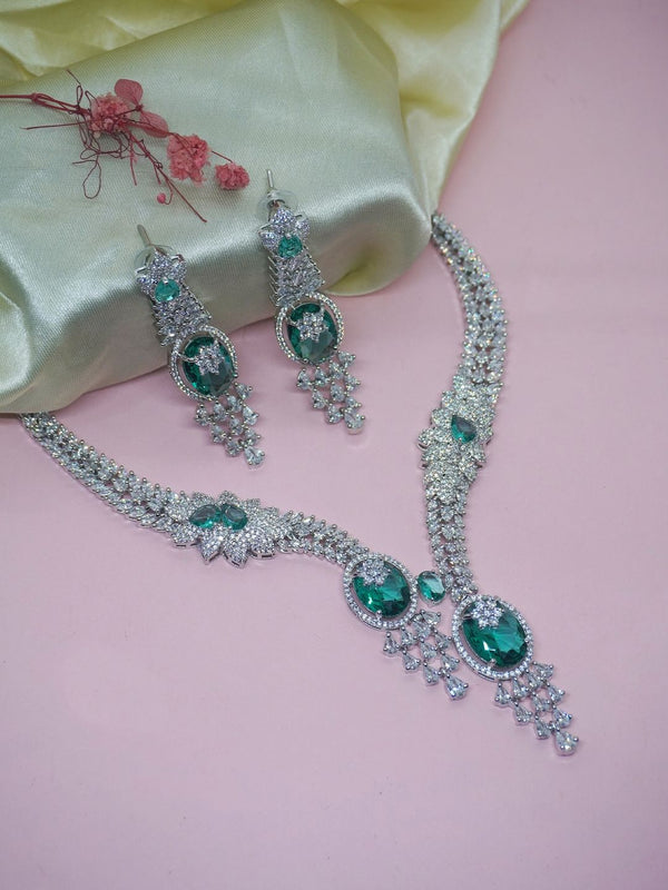 White and Green American Diamond Necklace with Earrings