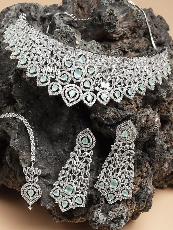 Silver-Plated & Lime Green CZ-Studded Jewellery Set