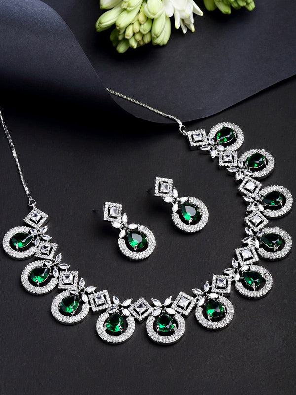 Women Silver-Plated Green CZ Stone Studded Jewellery Set