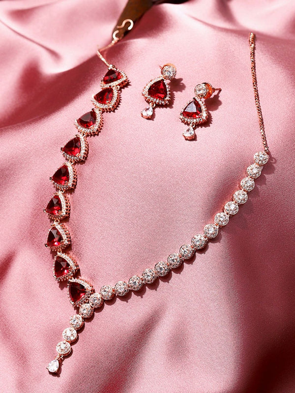 American Diamond CZ Rose Gold Plated Pearl Necklace Red Stone (Set of 3)