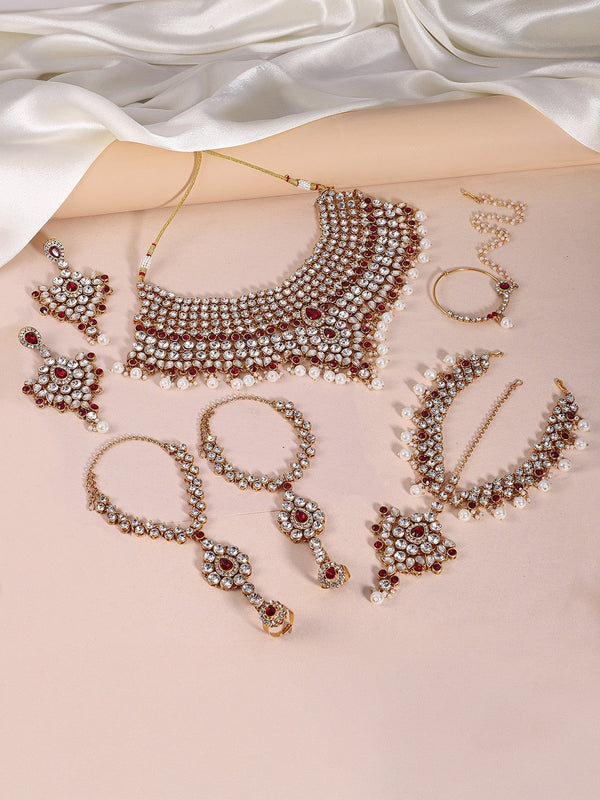 18K Gold Plated & Maroon Cubic Zirconia Studded Traditional Jewellery Set
