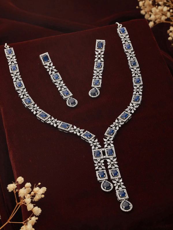 Blue Floral Block Drop American Diamond Silver-Plated Jewellery Set