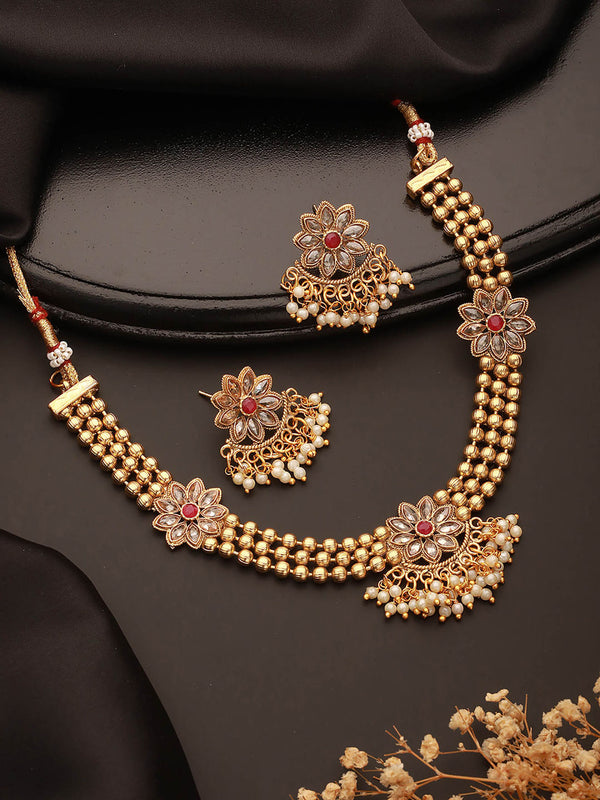 Gold Plated Kundan and Pearl Beaded Floral Necklace with Earrings