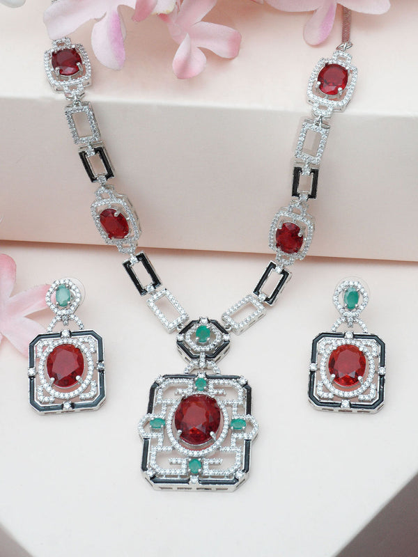 Luxurious Silver-Plated Multi-Color Embellished Jewellery Set