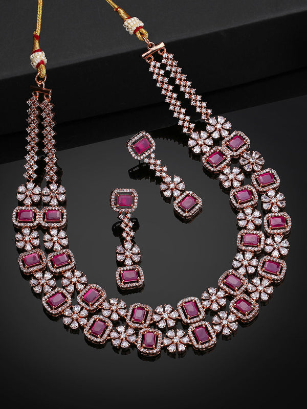 Rose Gold Plated Cz Sparkling Two Line Necklace Set with Ruby Stones for Women (Set of 2)