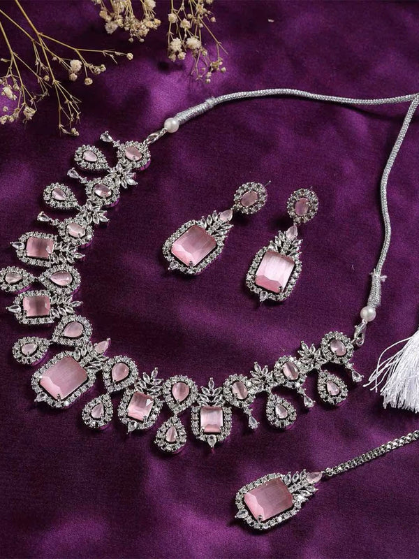 Silver-Plated AD-Studded Necklace and Earrings With Maang Tika