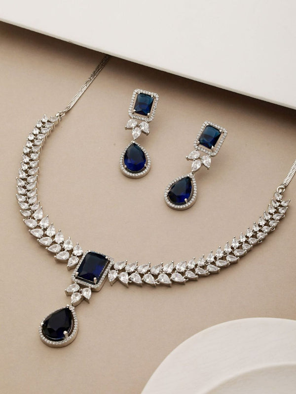 Silver Plated Blue Zircon Minimal Necklace Jewellery Set