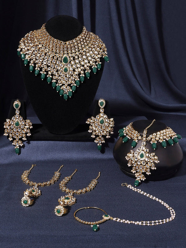 Gold-Plated Stone-Studded & Beaded Bridal Wedding Jewellery Set