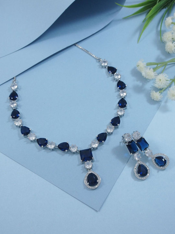 Silver Plated Cubic Zirconia American Diamond Necklace & Earring Jewellery Set Blue