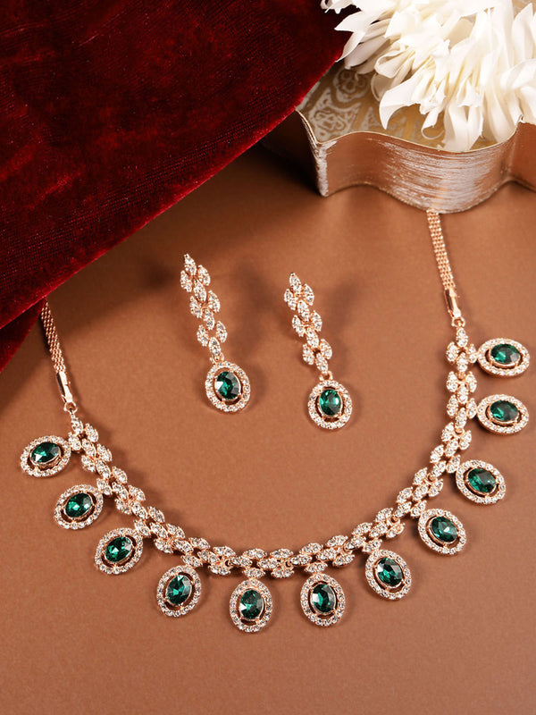 Rosegold Finish Lightweight Green American Diamond Necklace & Pair of Earrings