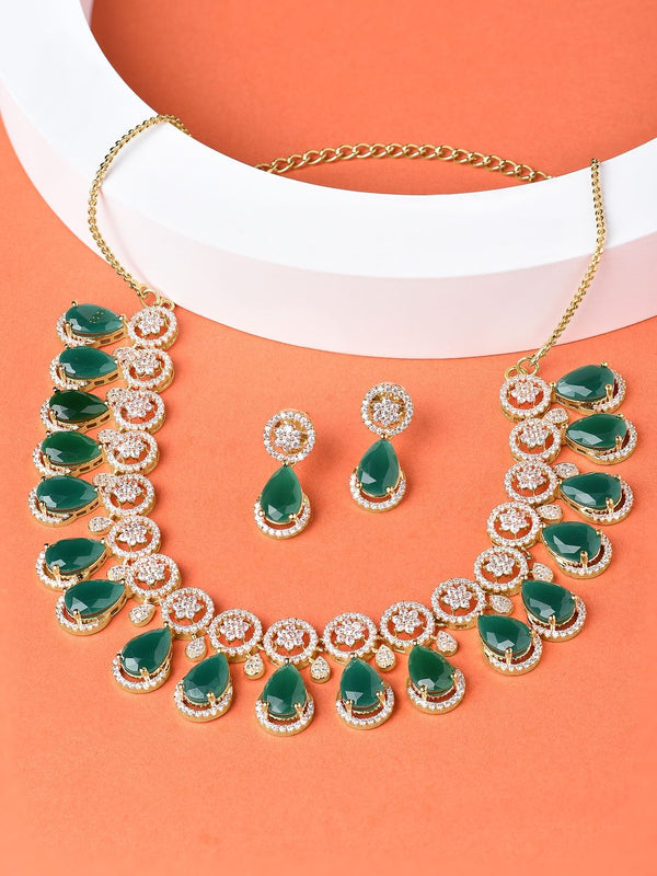Green TearDrop & Cubic Zirconia Necklace & Earring Set
