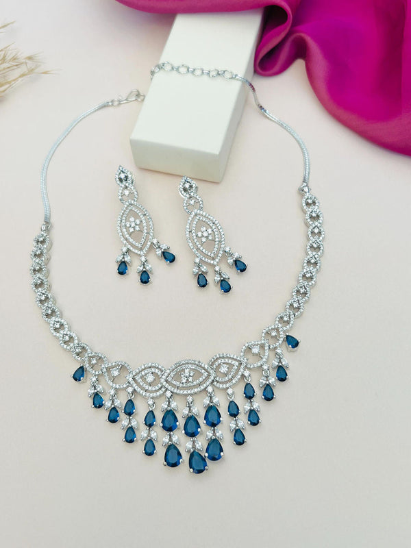 Blue Silver Plated American Diamond Jewellery Set