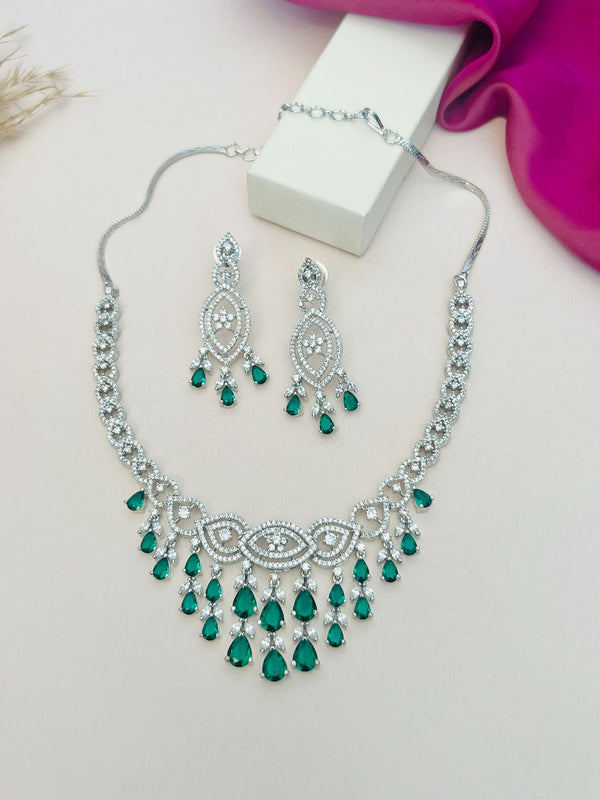 Green Silver Plated American Diamond Jewellery Set