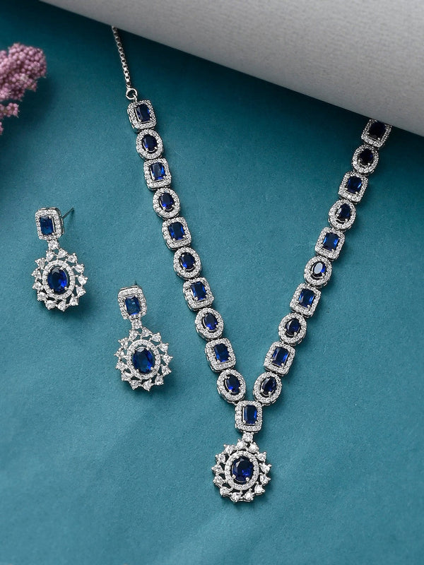 Silver-Plated CZ Blue & White Studded Jewellery Set