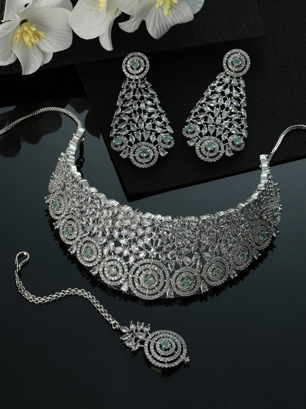 Rhodium-Plated American Diamond-Studded Jewellery Set