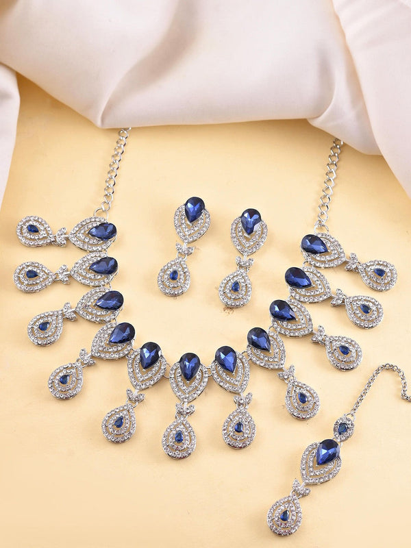 Silver-Plated Blue AD-Studded Tear Drop Shape Jewellery Set