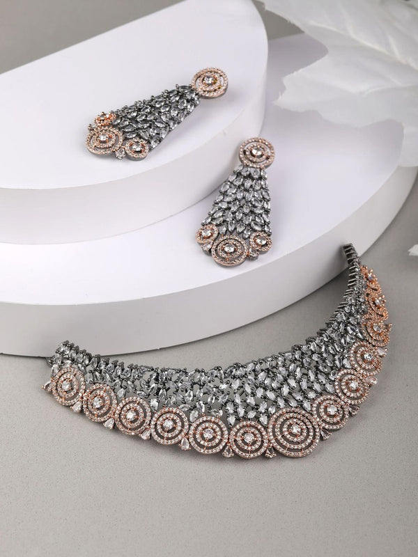 Grey American Diamond Cubic Zirconia Rose Gold Plated Choker Set